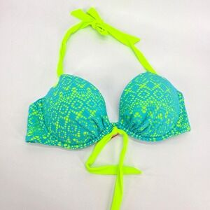 Victoria Secret Bikini Swim Top Neon Yellow Blue Crochet Lace Push Up Halter 36C